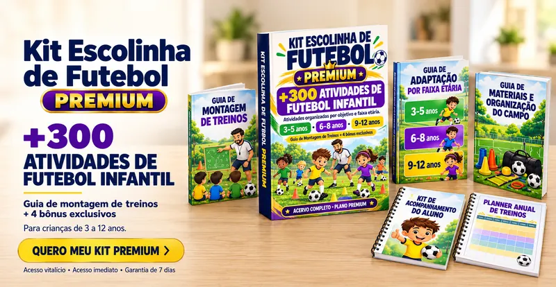 Kit Escolinha de Futebol Premium com caderno de atividades, guia de montagem de treinos, planner e fichas de acompanhamento.